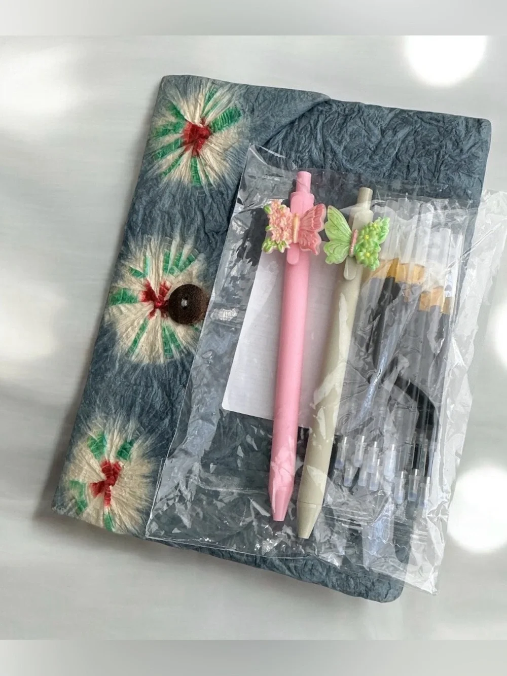 Handmade Tie Dye Lokta Paper Notebook with 2 Butterfly Design Pens Nepal Artis